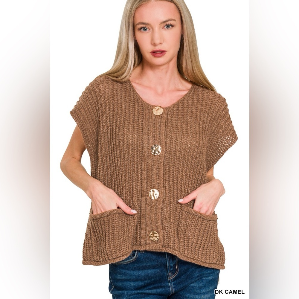 Zenana Button Down Sweater Vest with Front Pockets